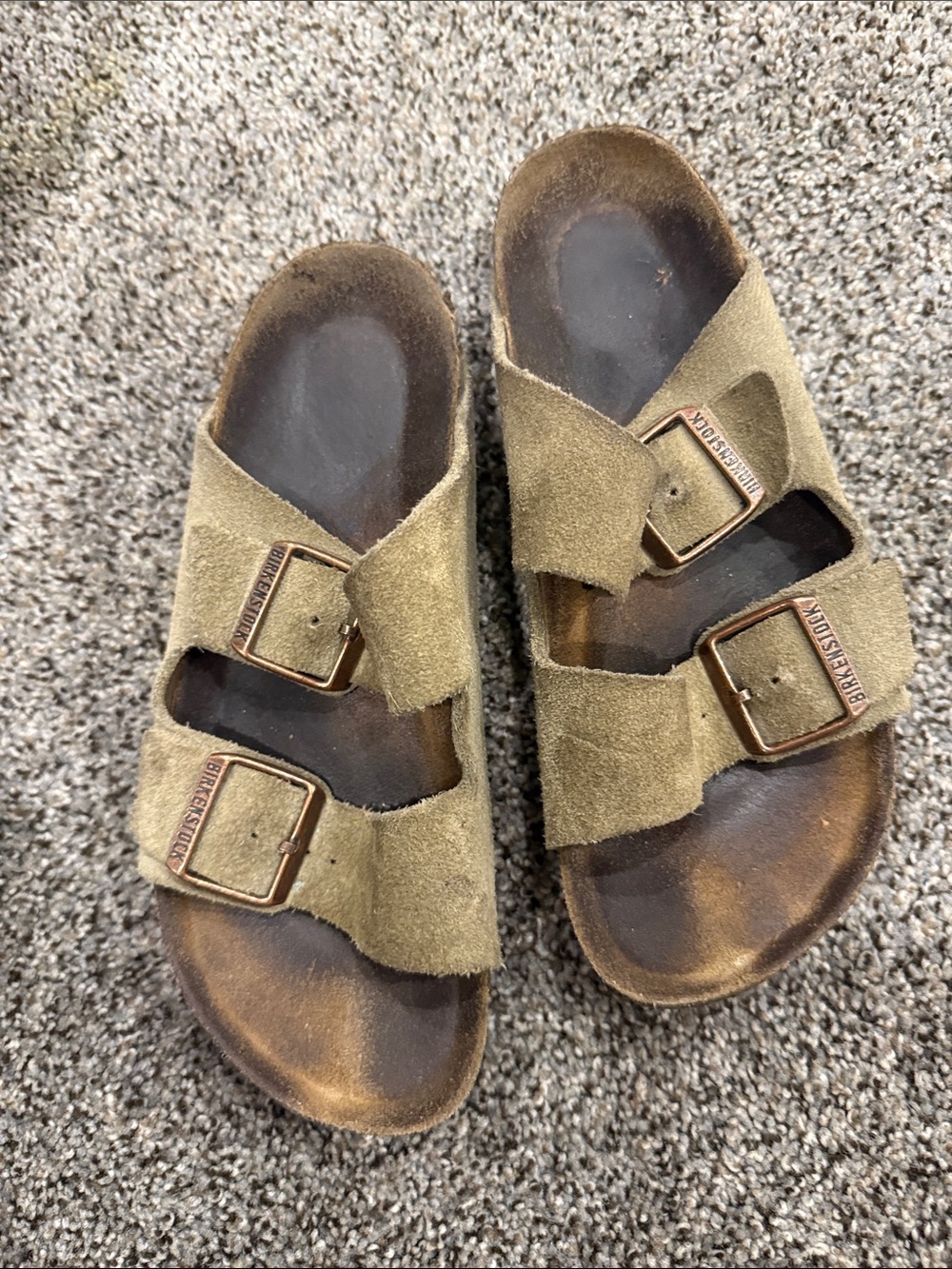 Birkenstock Arizona Suede Sandals in Olive Green with Bronze Buckles
